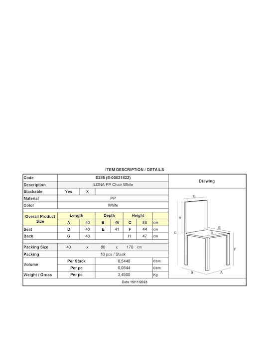 Catering Chair Polypropylene Ilona-W White 40x45x89cm