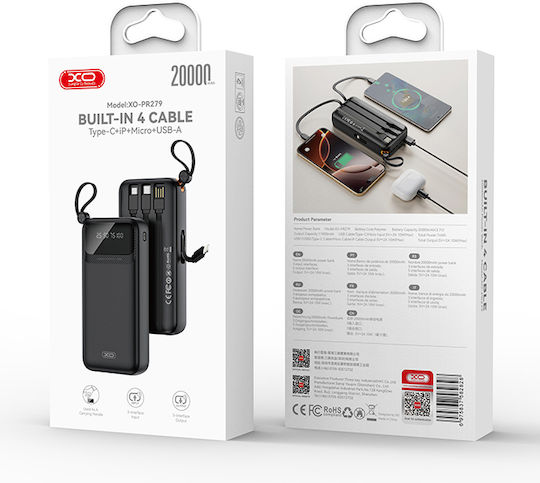 XO PR279 Power Bank 20000mAh 10W with 2 USB-A Ports and USB-C Port Black