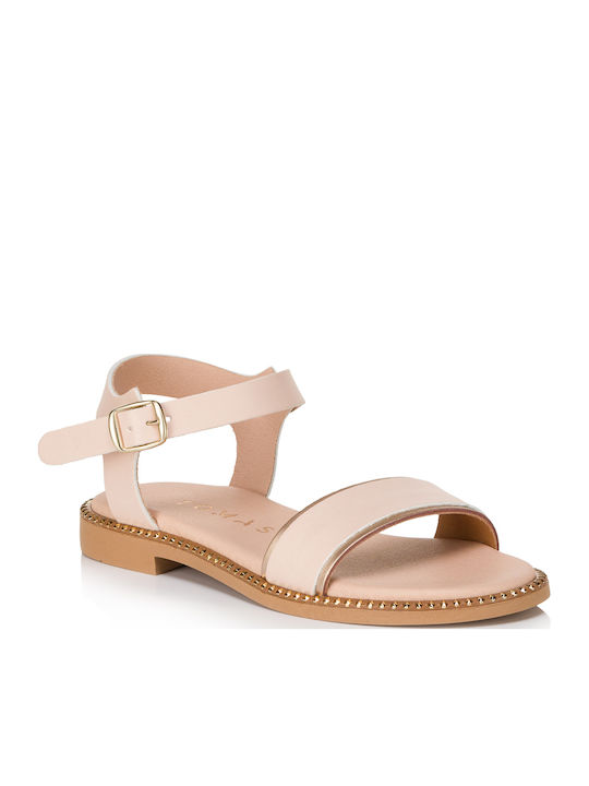 Leather Women's Flat Sandals with Strap Nude