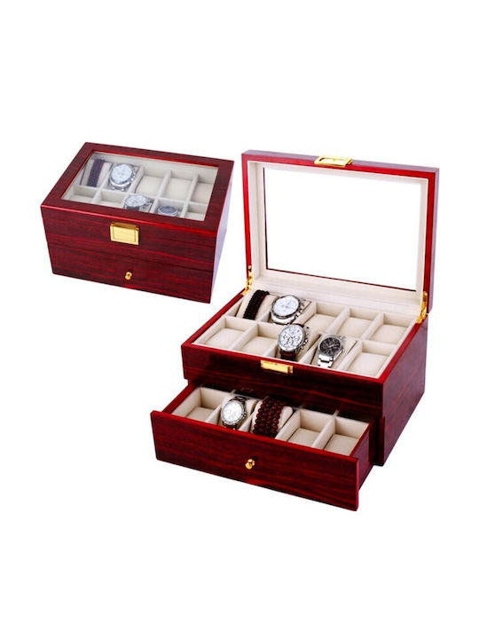 Cute Wooden Watch Case for Storing and Organizing 20 Watches Pufo Premium Tiered Model with Drawer