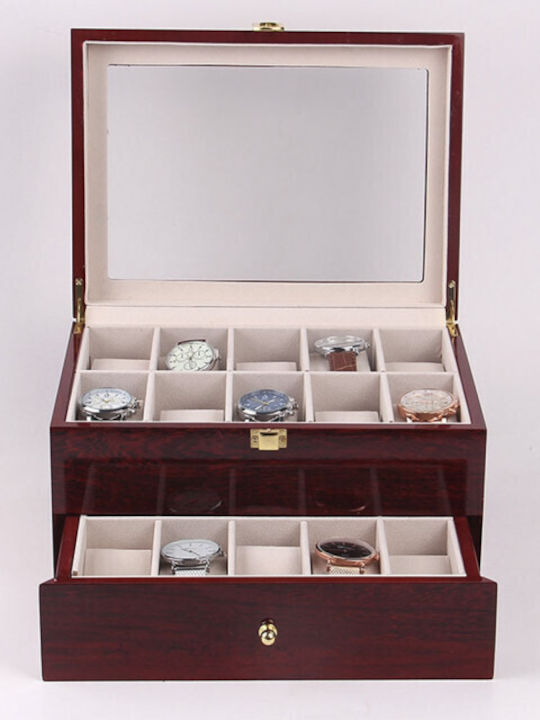 Cute Wooden Watch Case for Storing and Organizing 20 Watches Pufo Premium Tiered Model with Drawer