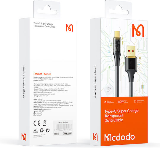Mcdodo CA-2092 USB 2.0 Cable USB-C Male - USB-A 100W Black 1.8m