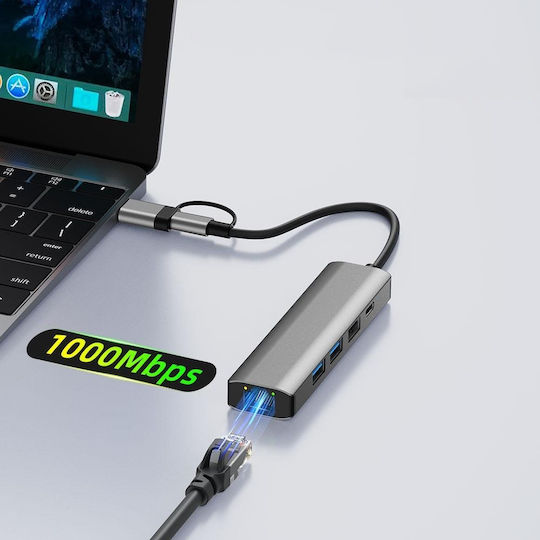 Techsuit USB Hub 5 Ports USB 3.0 with USB-C Connection Ethernet Gray