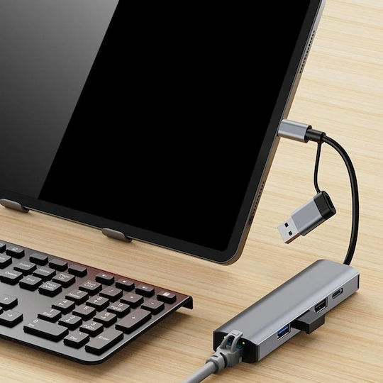 Techsuit USB Hub 5 Ports USB 3.0 with USB-C Connection Ethernet Gray
