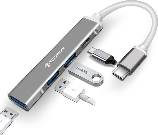 Techsuit USB Hub 4 Ports USB 3.0 with USB-C Connection Gray