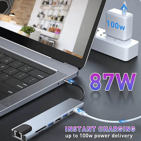 Techsuit Netbridge 8 In 1 (H2) USB-C Docking Station με HDMI 4K PD Ethernet Γκρι