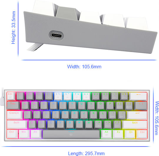 Redragon K617 FIZZ Gaming Μηχανικό Πληκτρολόγιο 60% με Custom Red διακόπτες και RGB φωτισμό (Αγγλικό US) Γκρι / Λευκό