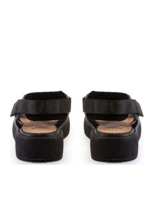 Δερμάτινα Γυναικεία Ανατομικά Σανδάλια Flatforms Μαύρα