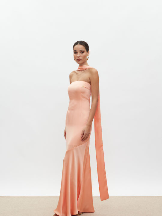 Maxi Βραδινό Φόρεμα Strapless Σατέν Peach