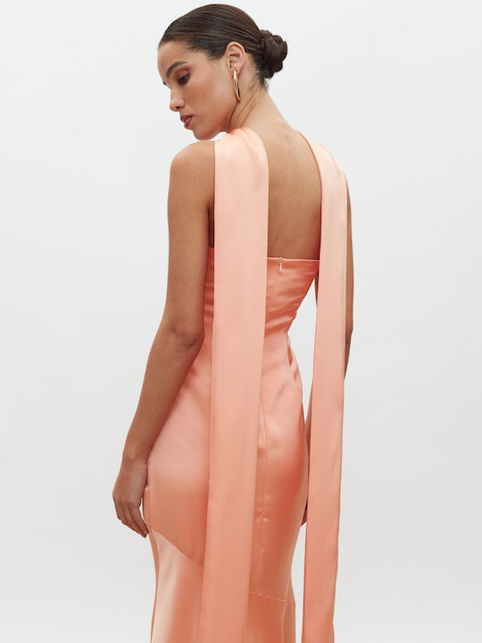 Maxi Βραδινό Φόρεμα Strapless Σατέν Peach