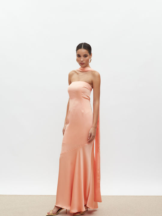 Maxi Βραδινό Φόρεμα Strapless Σατέν Peach