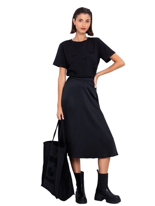Satin,σατεν Hoch tailliert Midi Rock Cloche Schwarz