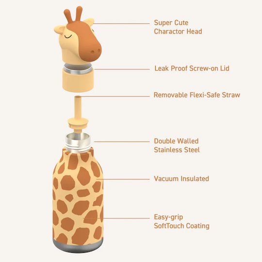 Asobu Kids Water Bottle Thermos Stainless Steel with Straw Bestie Giraffe 460ml
