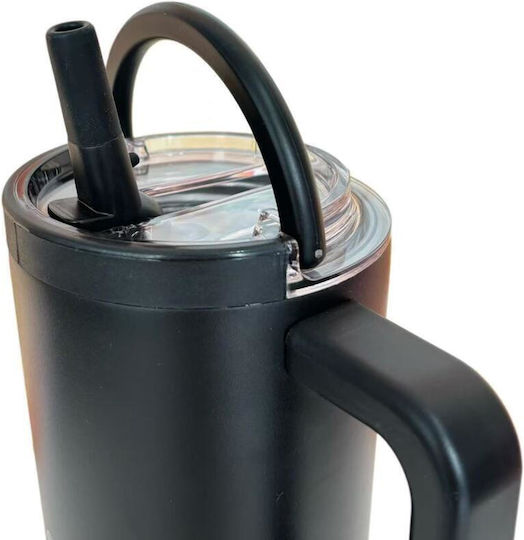 Ecolife Recyclable Handled Tumbler Thermos Stainless Steel BPA Free 900ml Rich Black with Straw and Handle