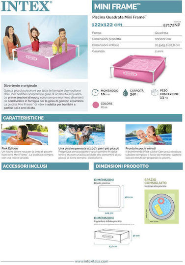 Intex Mini Frame Piscină Pentru Copii Pătrată 342lt Cu Cadru Metalic 122x122x30cm Roz
