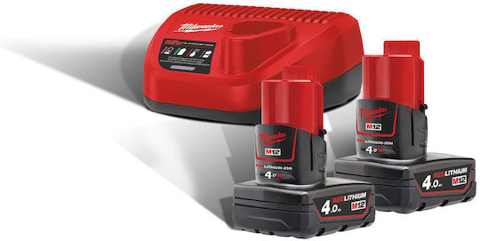 Milwaukee Set 2 Werkzeugbatterien Lithium 12V Kapazität 4Ah mit Ladegerät M12 NRG-402