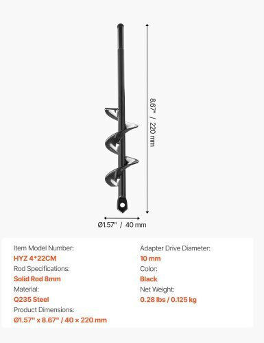 Vevor Auger Drill Bit 1.57 X 8.67 In Earth Spiral Post Hole Digger Planter Tool
