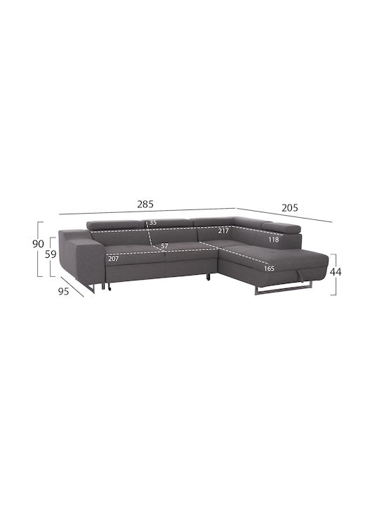Encore Colțar Canapea Pat cu Colțul din Dreapta și Spațiu de Depozitare Gri 285x205x90cm