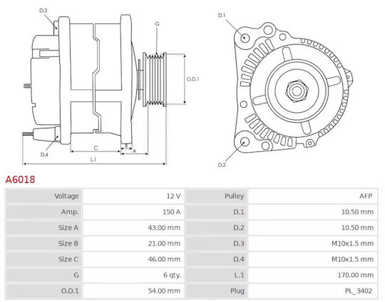 Alternator 150A Volvo Ford 1.6D 2.0D