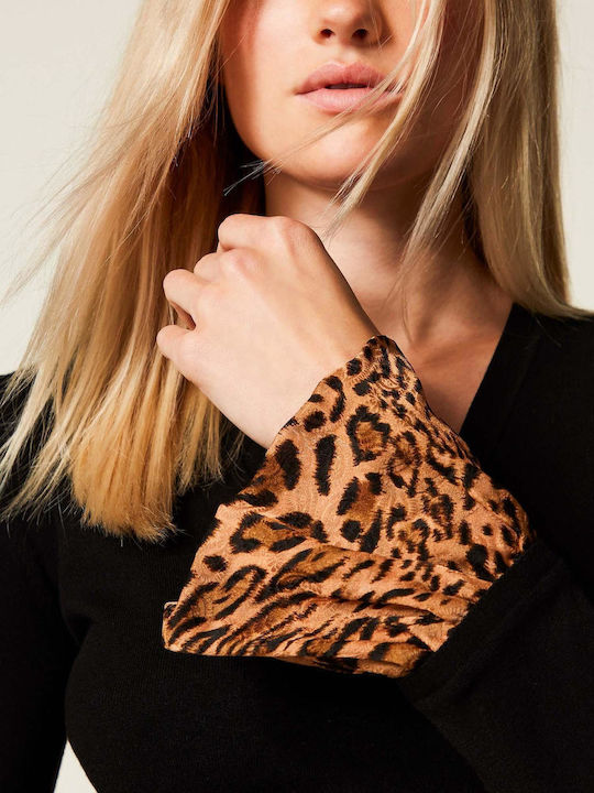 Women's Long Sleeve Sweater Animal Print Black