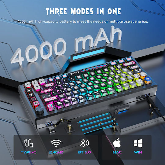 Redragon Uranus Pro 82 Ασύρματο Gaming Μηχανικό Πληκτρολόγιο Tenkeyless με RGB φωτισμό (Αγγλικό US)