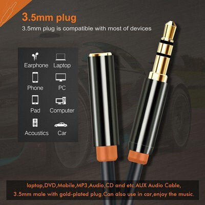 Cabletime 3,5mm Klinkenkabel 3,5mm Stecker - 3,5mm Buchse Schwarz 1m mit Vergoldeten Anschlüssen CT-AV311-P11FG