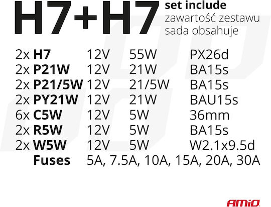 AMiO Lampen Auto & Motorrad H7 / P21/5W / P21W / C5W / C10W / W5W / R5W / R10W 12V 55W 30Stück