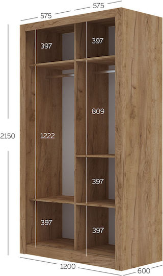 Linea Δίφυλλη Ντουλάπα Συρόμενη Χρυσό Δρυς 120x60x215cm