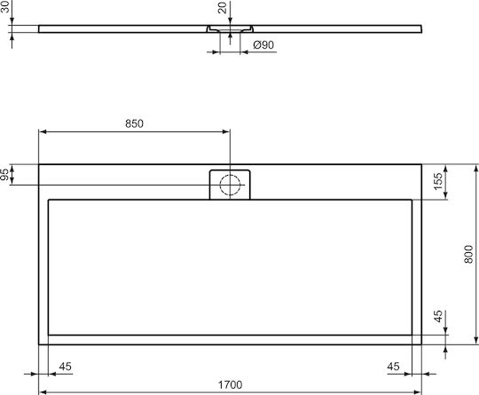 Ideal Standard Rectangular Ceramic Shower Gray Ultra Flat S I.life 170x80x3cm