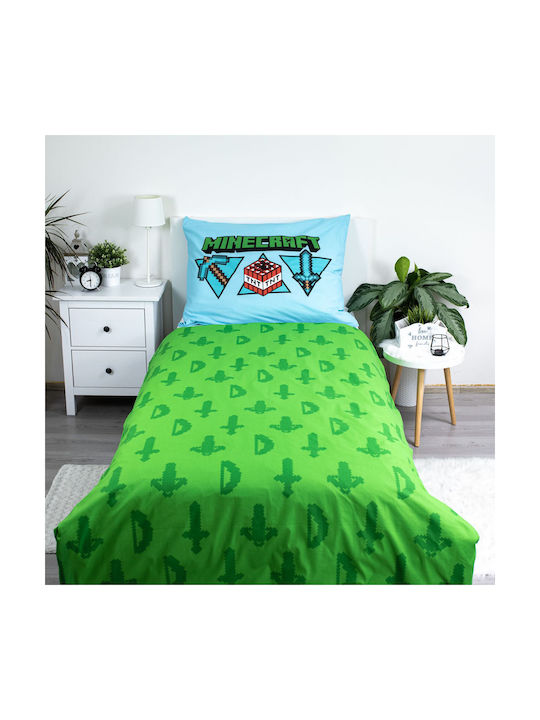 Minecraft Icons Jerry Set Kids Duvet Cover Single with Pillowcase Cotton Light Blue 140x200cm