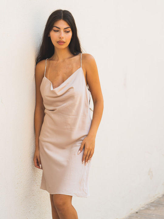Summer Mini Evening Slip Dress Satin Beige