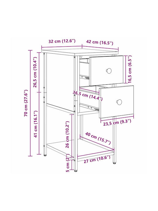 Wooden Bedside Table With Metal Legs Brown Oak 32x42x70cm