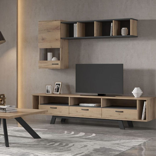 Wohnzimmer TV-Einheit Νο 56 Honey / Anthracite mit Vitrine L210xB44.5xH50cm