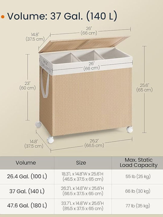 Songmics Wicker Collapsible Laundry Basket 140lt with Cap 66.5x37.5x65cm Beige