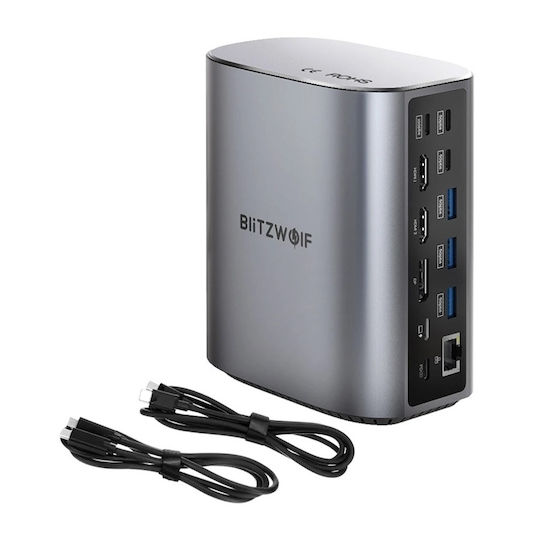 BlitzWolf USB-C Docking Station with HDMI/DisplayPort 4K PD Ethernet and Support for 3 Monitors Gray (BW-TH15)