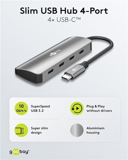 Goobay USB Хъб 4 Порта USB 3.2 с USB-C Връзка Сив