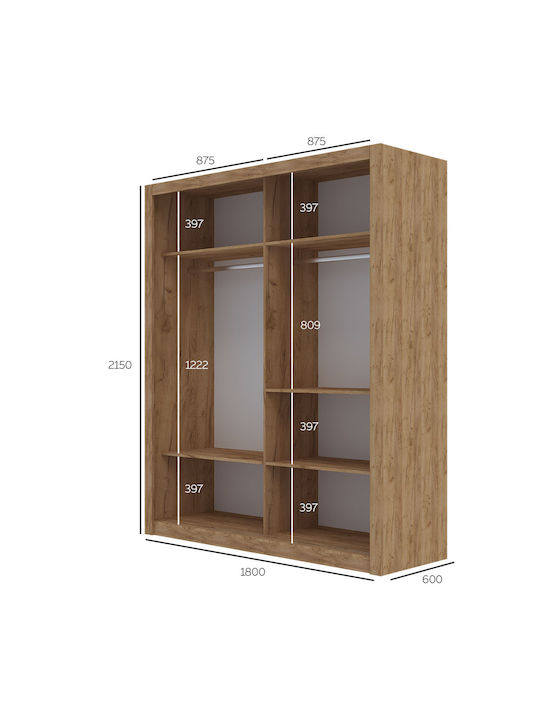 Reflex Δίφυλλη Ντουλάπα Συρόμενη Χρυσό Δρυς 180x60x215cm