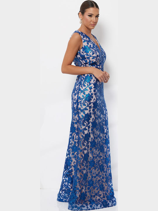 Maxi Abendkleid mit Spitze & Transparenz Blau
