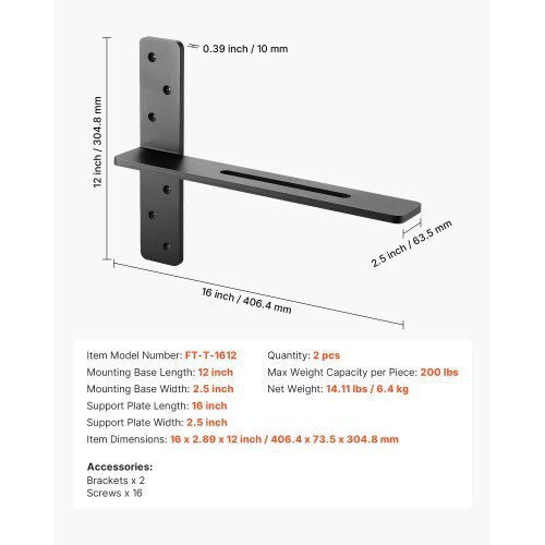 Vevor 2 Pcs Shelf Brackets 16 Inch 406.4 Mm Heavy Duty Floating Shelf Brackets