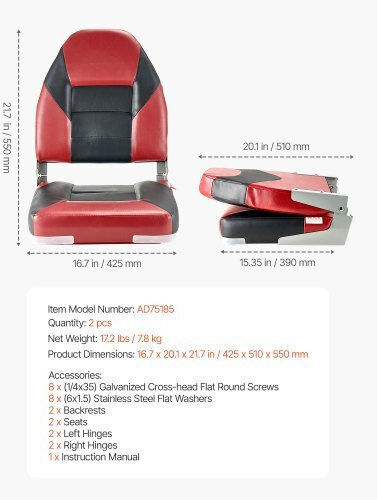 Vevor Boat Seat High Backrest Folding Boat Seat Sponge Cushion Black & Red