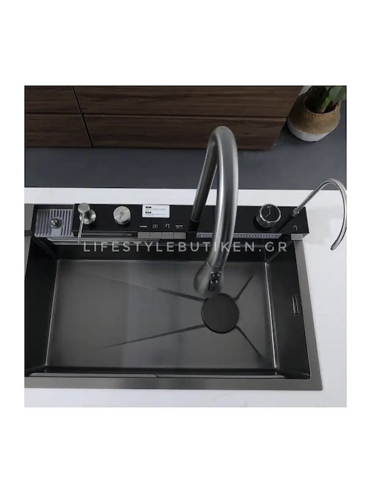 Naron Επικαθήμενος Νεροχύτης Inox Brushed με Μπαταρία Μ75xΠ46cm Γκρι