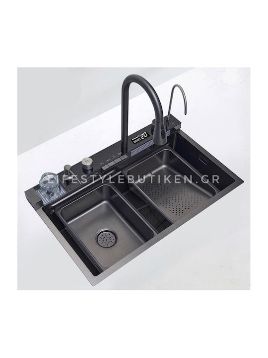 Naron Επικαθήμενος Νεροχύτης Inox Brushed με Μπαταρία Μ75xΠ46cm Γκρι