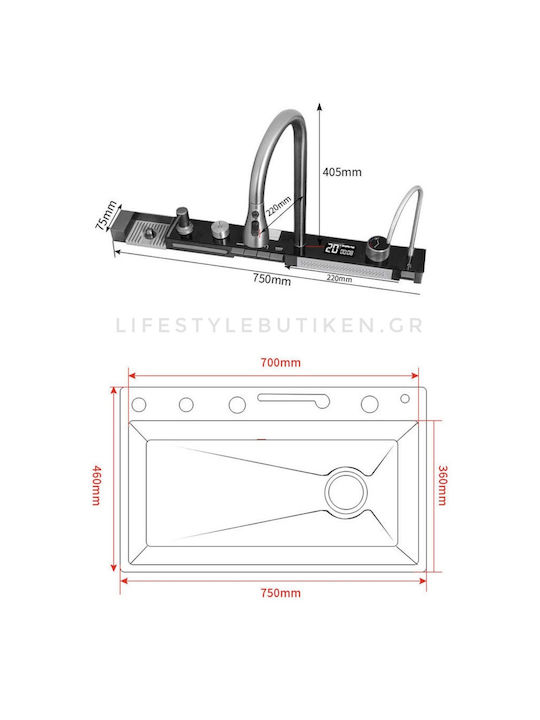 Naron Επικαθήμενος Νεροχύτης Inox Brushed με Μπαταρία Μ75xΠ46cm Γκρι