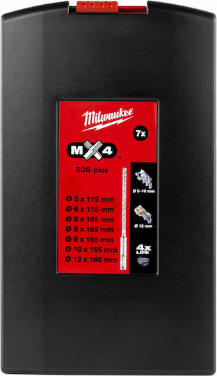 Milwaukee Set 7 Burghie cu Diamant cu Patru Tăișuri Carbură cu Tija SDS Plus pentru Materiale de construcție