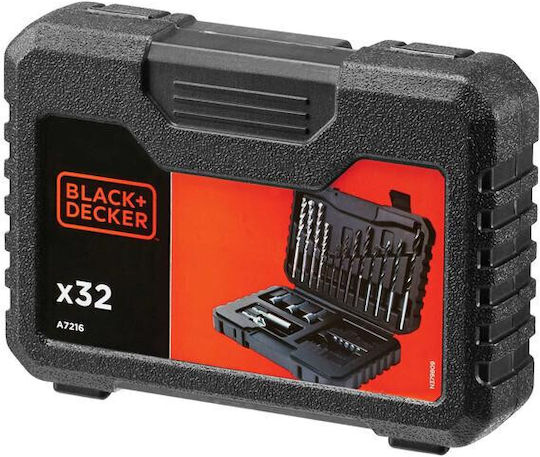 Black & Decker Set Accessories for Screwing and Drilling Set of 32 Drills for Masonry, Metal and Wood
