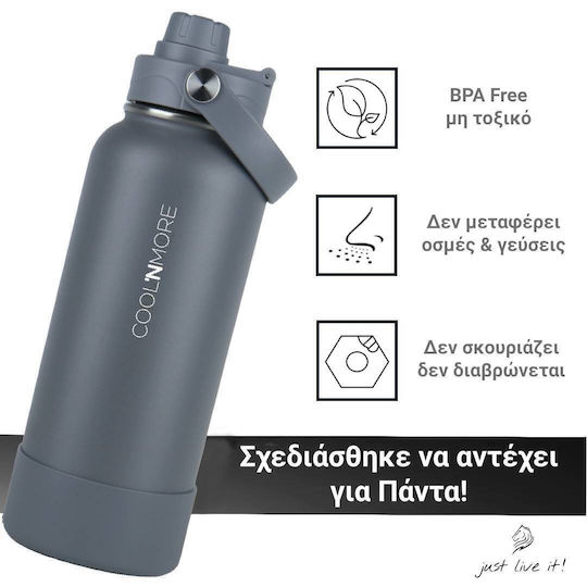 Cool'NMore Stainless Steel Thermos Bottle BPA Free 1lt Lava Grey with Handle Straw Loop and Mouthpiece
