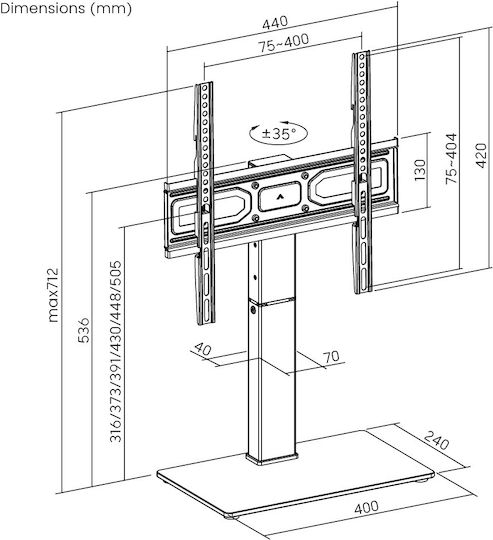 Powertech PT-1445 Επιτραπέζια Βάση Τηλεόρασης έως 65" και 40kg Ασημί