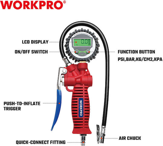 WorkPro WP512004 Manometru cu Pistol de Aer Presiune Maximă 14bar