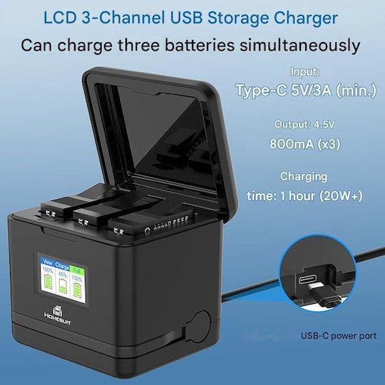 Set 3 Baterii Homesuit Ahdbt-901 GoPro Hero 13 Negru Enduro 2300 mAh Încărcător Cu 3 Canale Ecran LCD Carcasă Cablu USB Tip-C