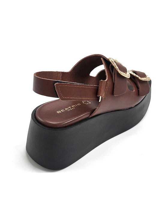 Leather Women's Flat Sandals Flatforms in Brown Color